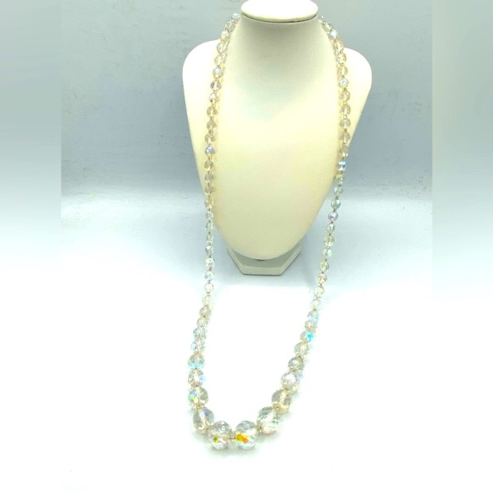 Vintage Aurora Borealis Clear Crystal Long Necklace Measures 31 1/2” Long